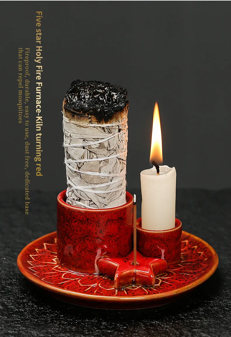 Ceramic Candle Holder Aromatherapy Furnace - Scandinavian Style Home Decor for Relaxation, Meditation, and Creating a Cozy Atmosphere with Sage and Holy Wooden Plate showcase 14