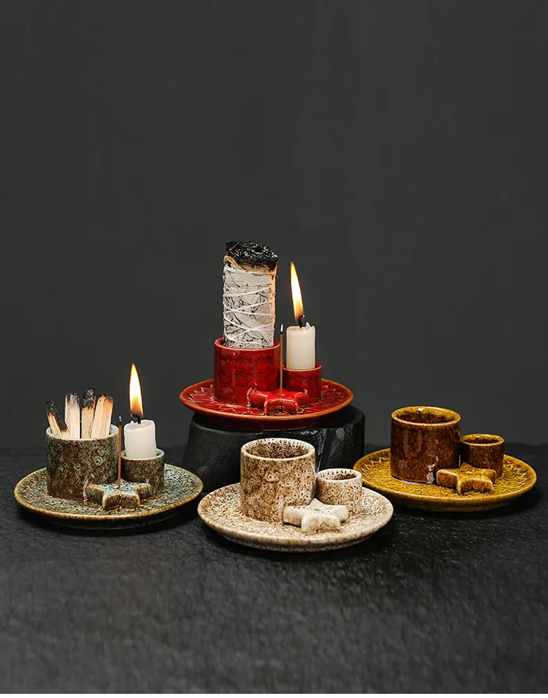 Ceramic Candle Holder Aromatherapy Furnace - Scandinavian Style Home Decor for Relaxation, Meditation, and Creating a Cozy Atmosphere with Sage and Holy Wooden Plate showcase 4