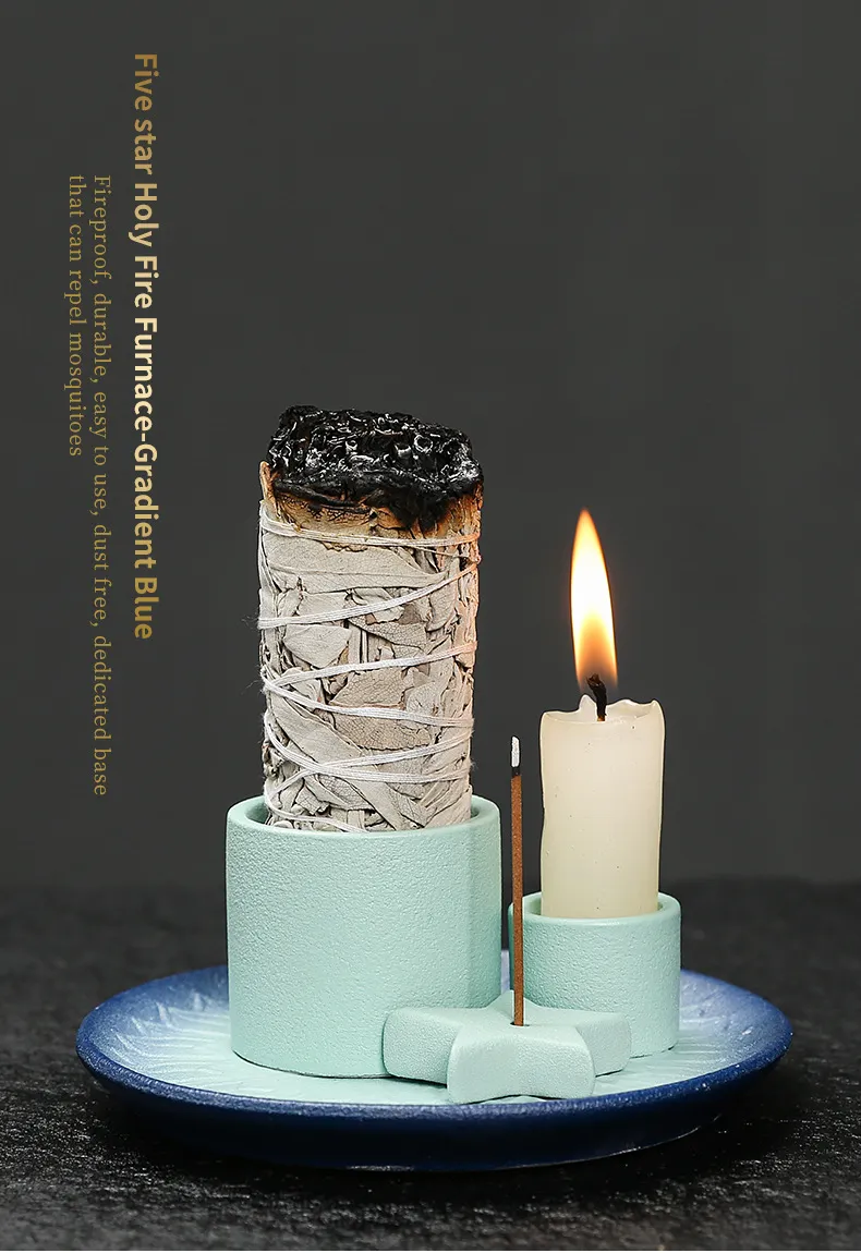 Ceramic Candle Holder Aromatherapy Furnace - Scandinavian Style Home Decor for Relaxation, Meditation, and Creating a Cozy Atmosphere with Sage and Holy Wooden Plate showcase 12