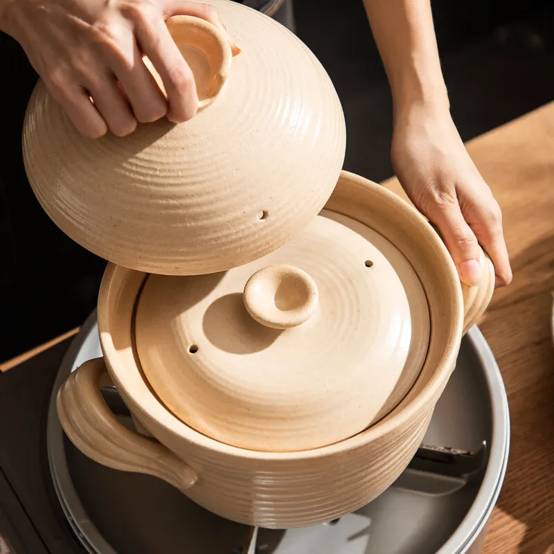 Japanese Style Clay Casserole Pot with Double Lid - Unglazed Earthenware Soup Pot for Gas or Open Fire Cooking - High Temperature Resistant Household Cookware thumbnail 3
