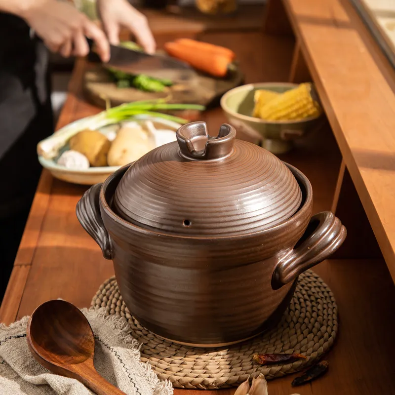 Japanese Style Clay Casserole Pot with Double Lid - Unglazed Earthenware Soup Pot for Gas or Open Fire Cooking - High Temperature Resistant Household Cookware thumbnail 5