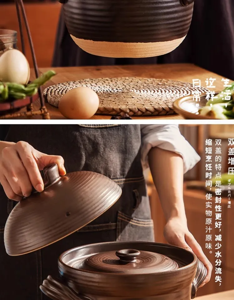 Japanese Style Clay Casserole Pot with Double Lid - Unglazed Earthenware Soup Pot for Gas or Open Fire Cooking - High Temperature Resistant Household Cookware showcase 16