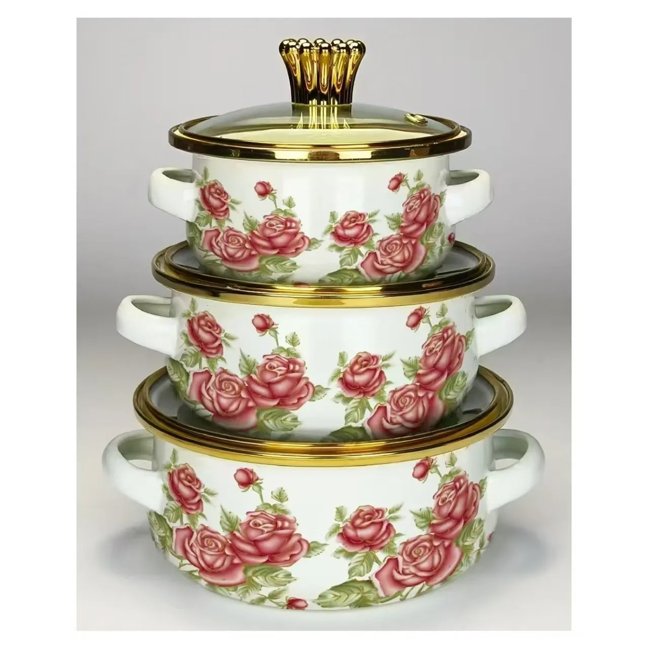 Enamel Cookware Set - 3 Piece Soup Pot Set - Induction Cooker Compatible - Floral Bird Design - Small Cooking Pot for Soup, Medicine, and More thumbnail 6