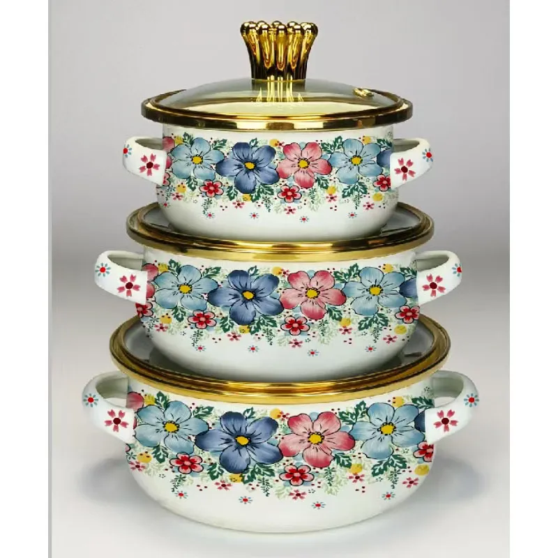 Enamel Cookware Set - 3 Piece Soup Pot Set - Induction Cooker Compatible - Floral Bird Design - Small Cooking Pot for Soup, Medicine, and More