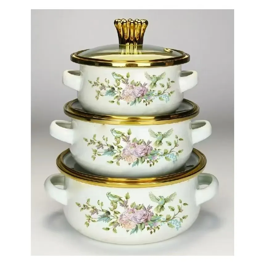Enamel Cookware Set - 3 Piece Soup Pot Set - Induction Cooker Compatible - Floral Bird Design - Small Cooking Pot for Soup, Medicine, and More showcase 9