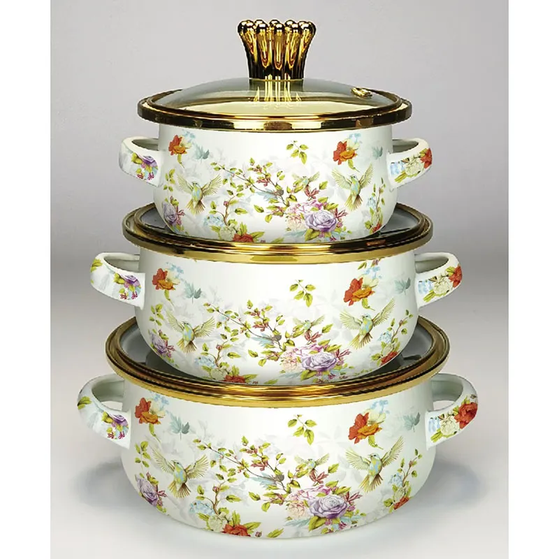 Enamel Cookware Set - 3 Piece Soup Pot Set - Induction Cooker Compatible - Floral Bird Design - Small Cooking Pot for Soup, Medicine, and More thumbnail 3