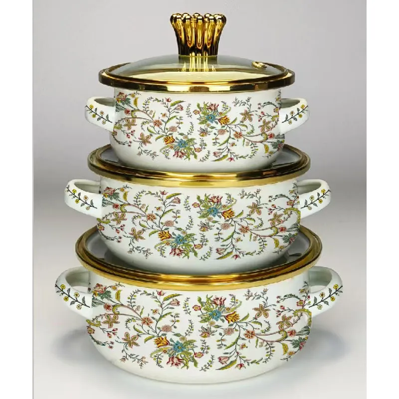 Enamel Cookware Set - 3 Piece Soup Pot Set - Induction Cooker Compatible - Floral Bird Design - Small Cooking Pot for Soup, Medicine, and More showcase 3