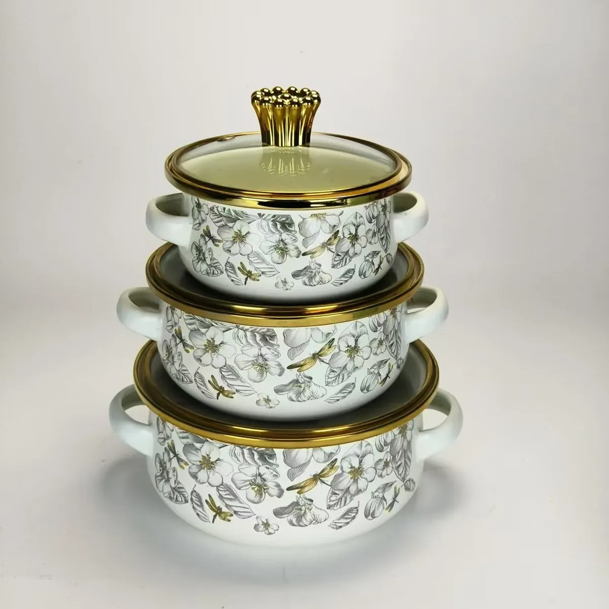 Enamel Cookware Set - 3 Piece Soup Pot Set - Induction Cooker Compatible - Floral Bird Design - Small Cooking Pot for Soup, Medicine, and More showcase 6