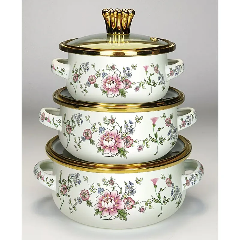Enamel Cookware Set - 3 Piece Soup Pot Set - Induction Cooker Compatible - Floral Bird Design - Small Cooking Pot for Soup, Medicine, and More showcase 5