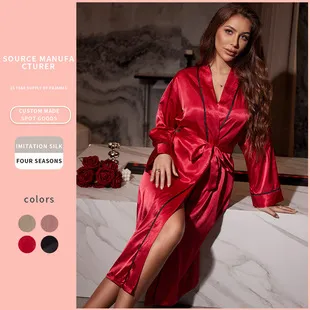 Women's Summer Ice Silk Nightgown Long Thin Fashionable Simple Home Clothes Sexy Cardigan Bathrobe Sleepwear Loungewear for Ladies showcase 2