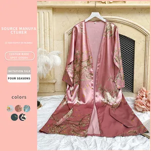 Women's Summer Ice Silk Nightgown Long Thin Fashionable Simple Home Clothes Sexy Cardigan Bathrobe Sleepwear Loungewear for Ladies showcase 3