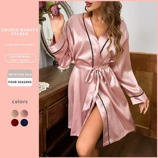 Women's Summer Ice Silk Nightgown Long Thin Fashionable Simple Home Clothes Sexy Cardigan Bathrobe Sleepwear Loungewear for Ladies showcase 7