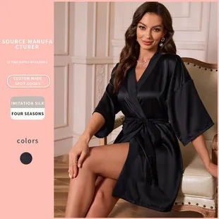 Women's Summer Ice Silk Nightgown Long Thin Fashionable Simple Home Clothes Sexy Cardigan Bathrobe Sleepwear Loungewear for Ladies showcase 6