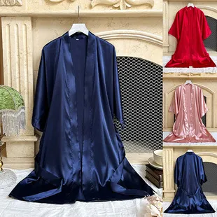 Women's Summer Ice Silk Nightgown Long Thin Fashionable Simple Home Clothes Sexy Cardigan Bathrobe Sleepwear Loungewear for Ladies showcase 4