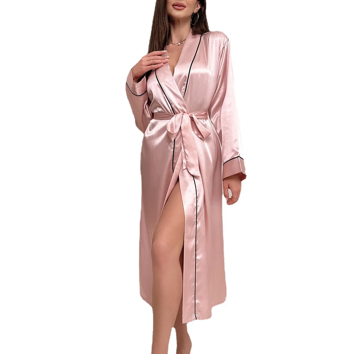 Women's Summer Ice Silk Nightgown Long Thin Fashionable Simple Home Clothes Sexy Cardigan Bathrobe Sleepwear Loungewear for Ladies thumbnail 5