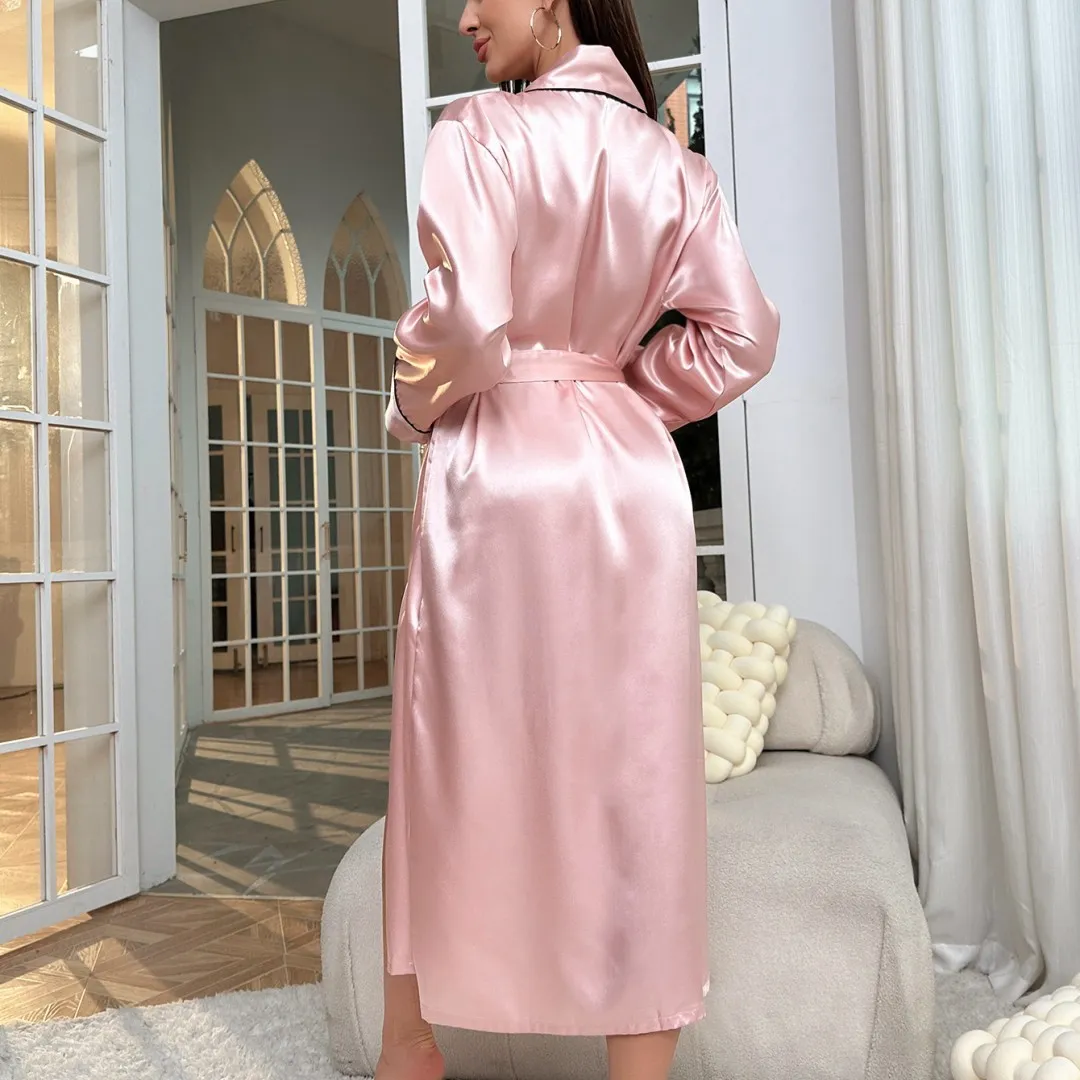 Women's Summer Ice Silk Nightgown Long Thin Fashionable Simple Home Clothes Sexy Cardigan Bathrobe Sleepwear Loungewear for Ladies thumbnail 2