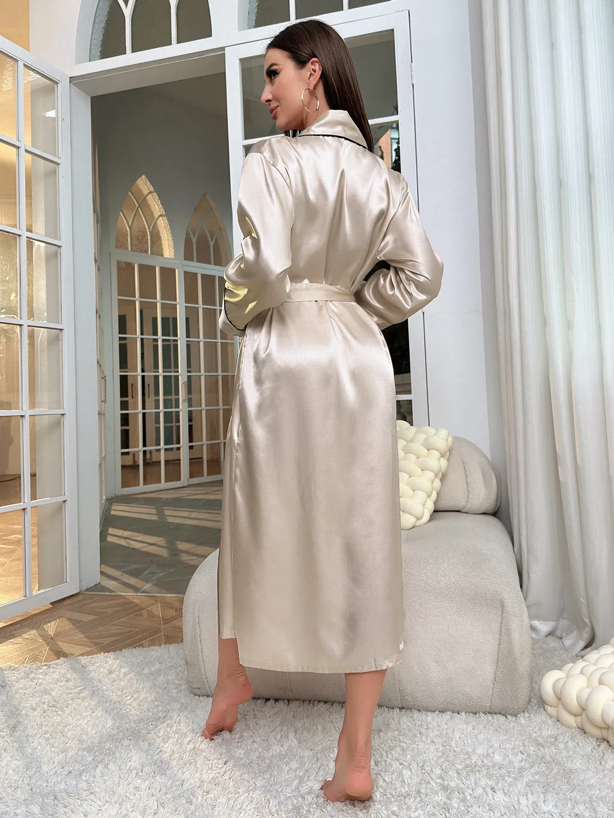 Women's Summer Ice Silk Nightgown Long Thin Fashionable Simple Home Clothes Sexy Cardigan Bathrobe Sleepwear Loungewear for Ladies showcase 18