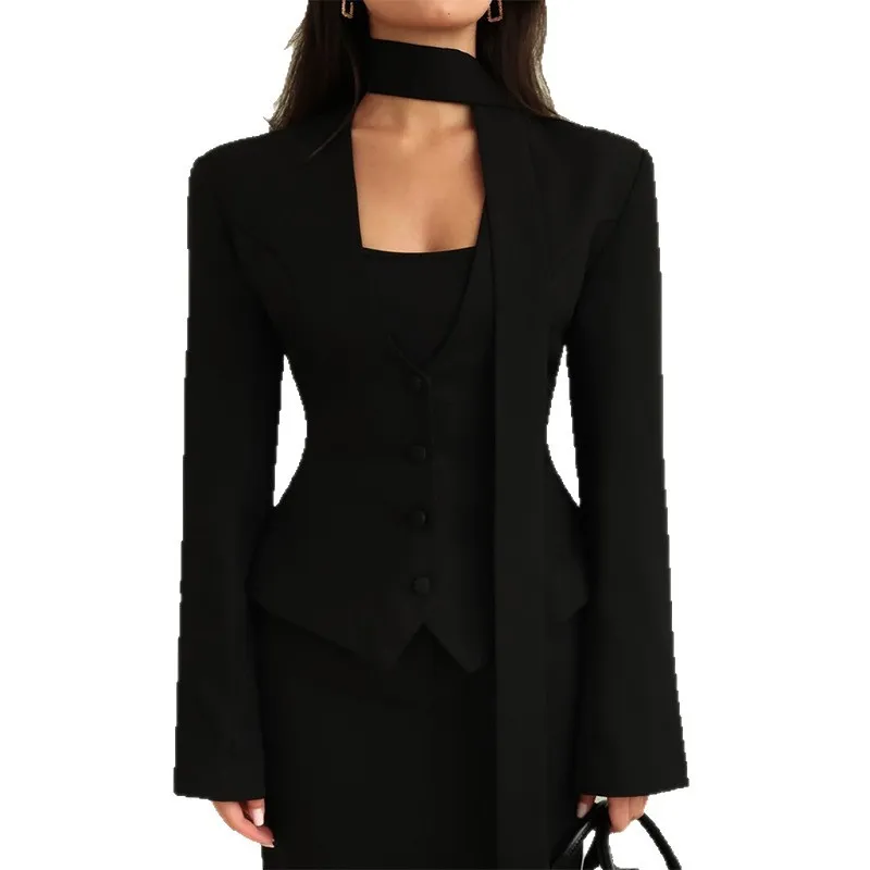 Women's Casual Blazer Jacket - Long Sleeve V-Neck Solid Color Scarf Detail - European & American Fashion 2026 Style - Ladies' Office Wear, Trendy Outerwear thumbnail 5