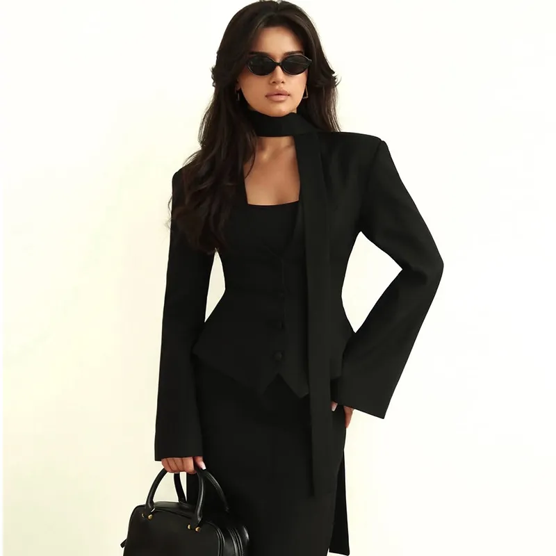 Women's Casual Blazer Jacket - Long Sleeve V-Neck Solid Color Scarf Detail - European & American Fashion 2026 Style - Ladies' Office Wear, Trendy Outerwear thumbnail 2