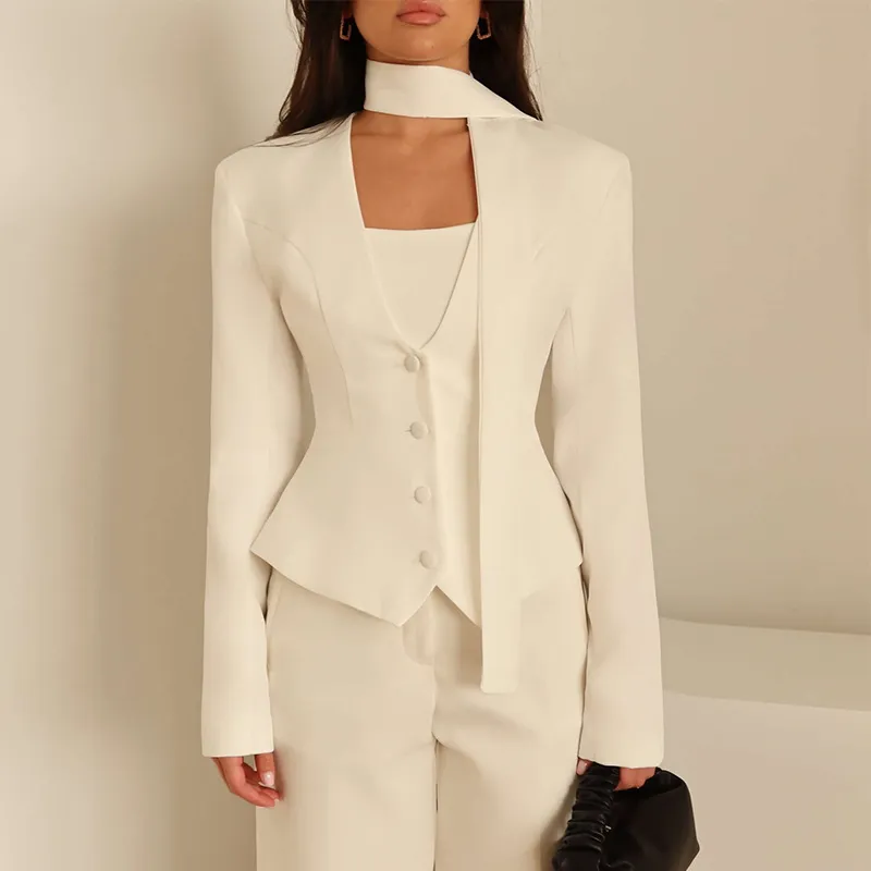 Women's Casual Blazer Jacket - Long Sleeve V-Neck Solid Color Scarf Detail - European & American Fashion 2026 Style - Ladies' Office Wear, Trendy Outerwear thumbnail 8