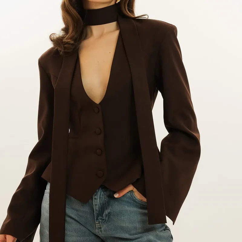 Women's Casual Blazer Jacket - Long Sleeve V-Neck Solid Color Scarf Detail - European & American Fashion 2026 Style - Ladies' Office Wear, Trendy Outerwear thumbnail 9