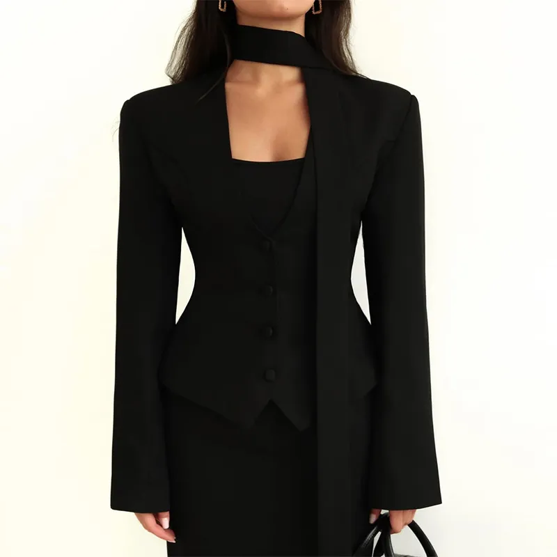 Women's Casual Blazer Jacket - Long Sleeve V-Neck Solid Color Scarf Detail - European & American Fashion 2026 Style - Ladies' Office Wear, Trendy Outerwear thumbnail 1