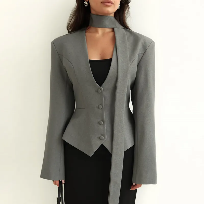 Women's Casual Blazer Jacket - Long Sleeve V-Neck Solid Color Scarf Detail - European & American Fashion 2026 Style - Ladies' Office Wear, Trendy Outerwear thumbnail 3
