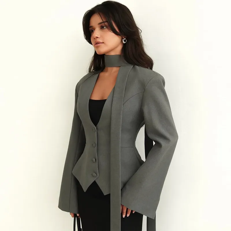 Women's Casual Blazer Jacket - Long Sleeve V-Neck Solid Color Scarf Detail - European & American Fashion 2026 Style - Ladies' Office Wear, Trendy Outerwear thumbnail 4