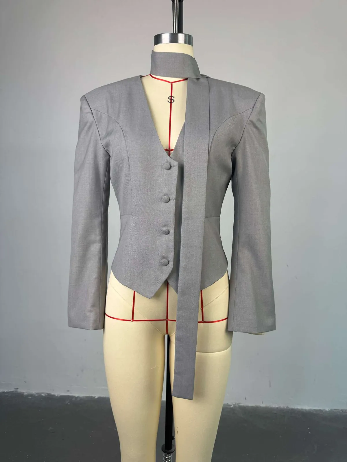 Women's Casual Blazer Jacket - Long Sleeve V-Neck Solid Color Scarf Detail - European & American Fashion 2026 Style - Ladies' Office Wear, Trendy Outerwear showcase 2