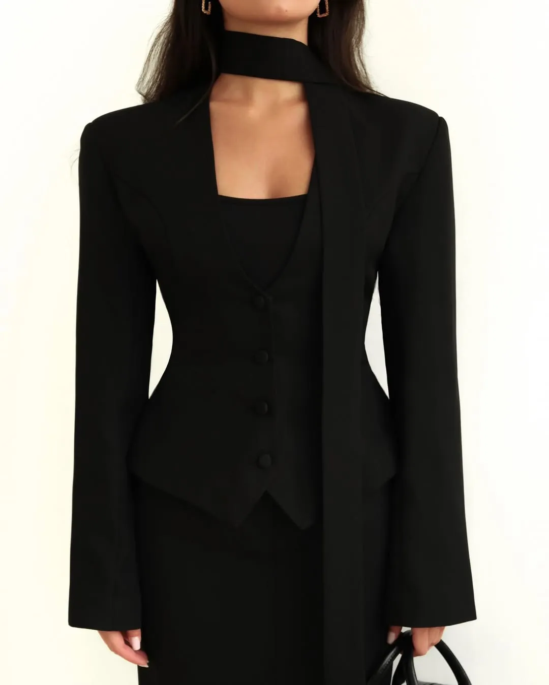 Women's Casual Blazer Jacket - Long Sleeve V-Neck Solid Color Scarf Detail - European & American Fashion 2026 Style - Ladies' Office Wear, Trendy Outerwear showcase 19