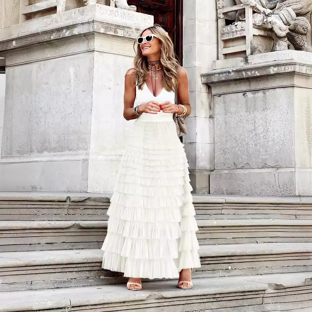 Women's Fashion Mesh Cake Skirt - Elegant Tiered Ruffle Midi Skirt for Summer, European & American Style, Party, Casual Wear thumbnail 3