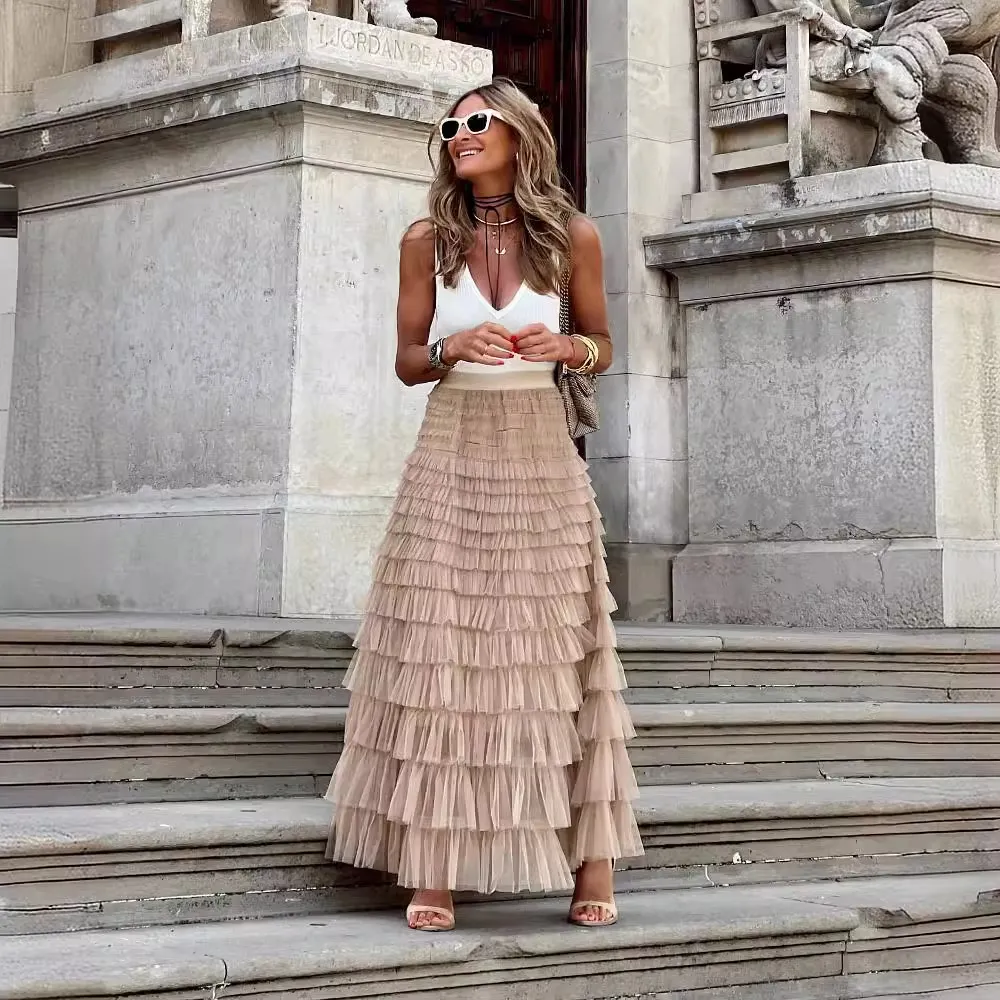 Women's Fashion Mesh Cake Skirt - Elegant Tiered Ruffle Midi Skirt for Summer, European & American Style, Party, Casual Wear thumbnail 2