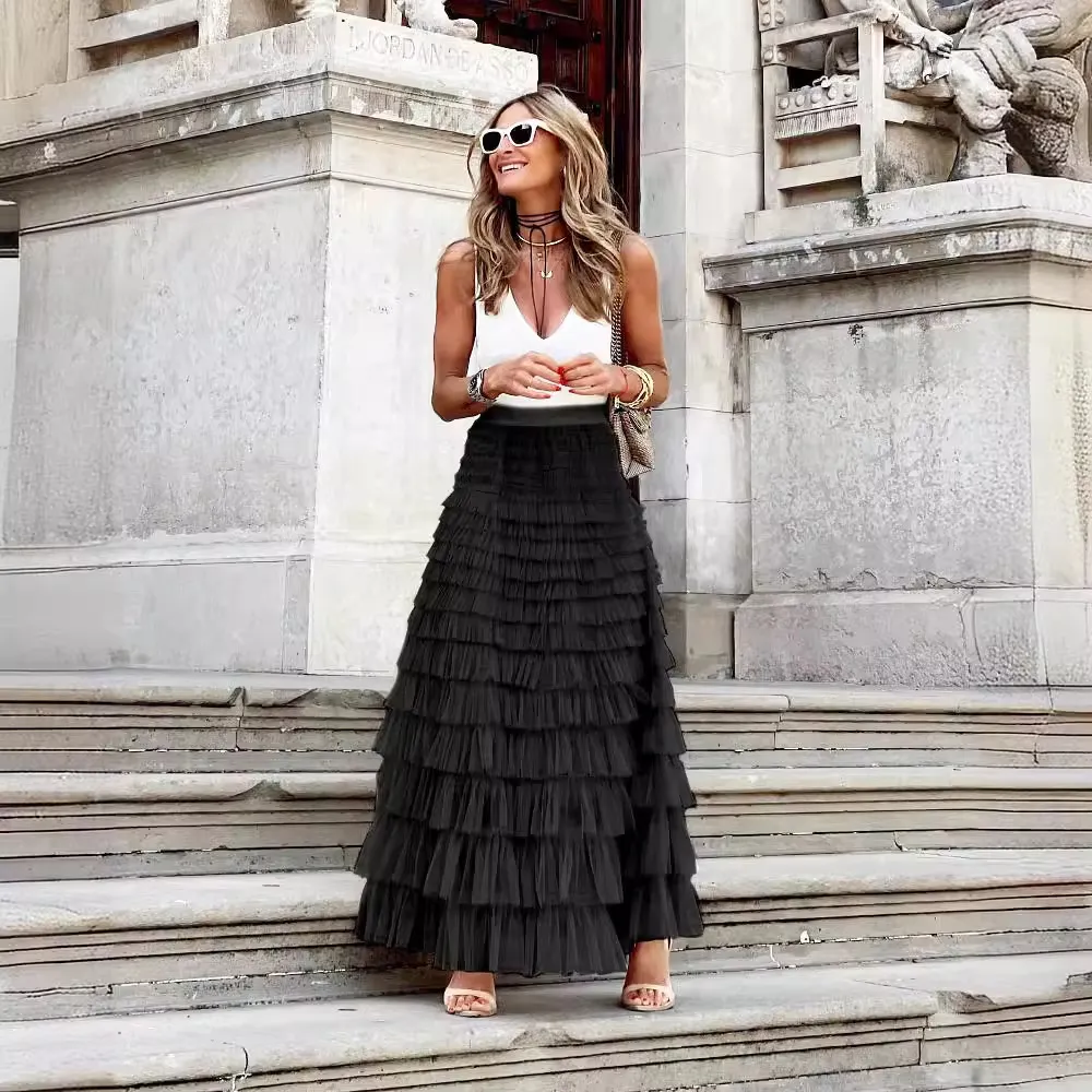 Women's Fashion Mesh Cake Skirt - Elegant Tiered Ruffle Midi Skirt for Summer, European & American Style, Party, Casual Wear thumbnail 4