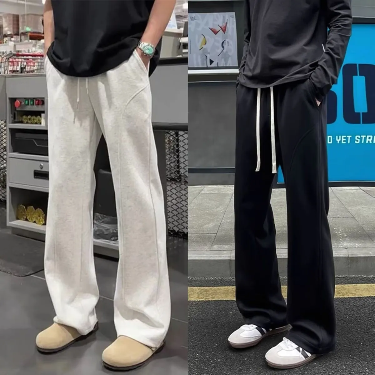 Men's White Floral Gray Sweatpants Straight Leg Fleece-Lined Drape Sports Pants American Style Slanted Casual Flared Trousers Autumn Winter showcase 8