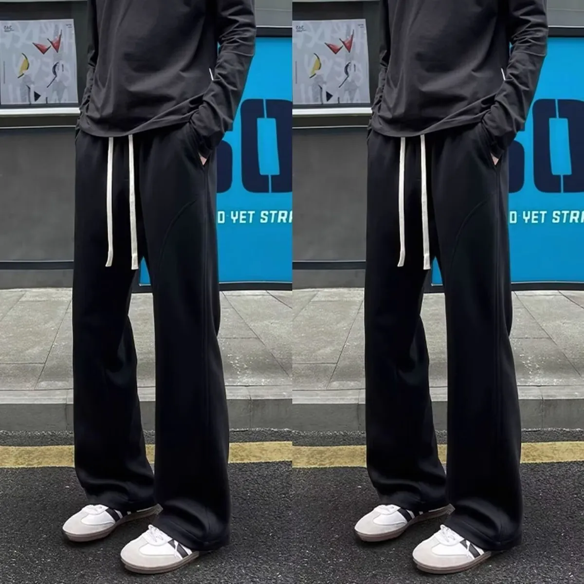 Men's White Floral Gray Sweatpants Straight Leg Fleece-Lined Drape Sports Pants American Style Slanted Casual Flared Trousers Autumn Winter showcase 9