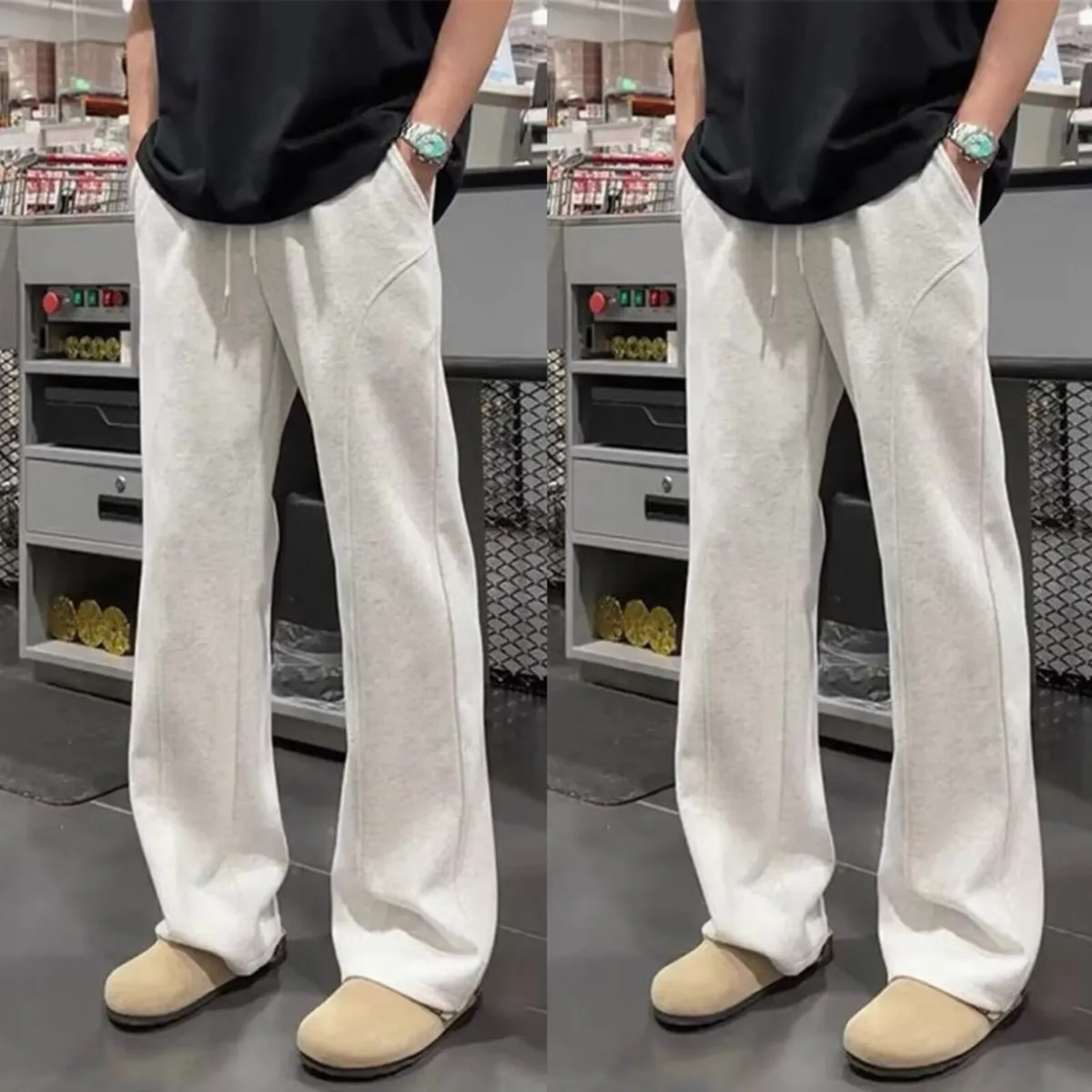 Men's White Floral Gray Sweatpants Straight Leg Fleece-Lined Drape Sports Pants American Style Slanted Casual Flared Trousers Autumn Winter showcase 10