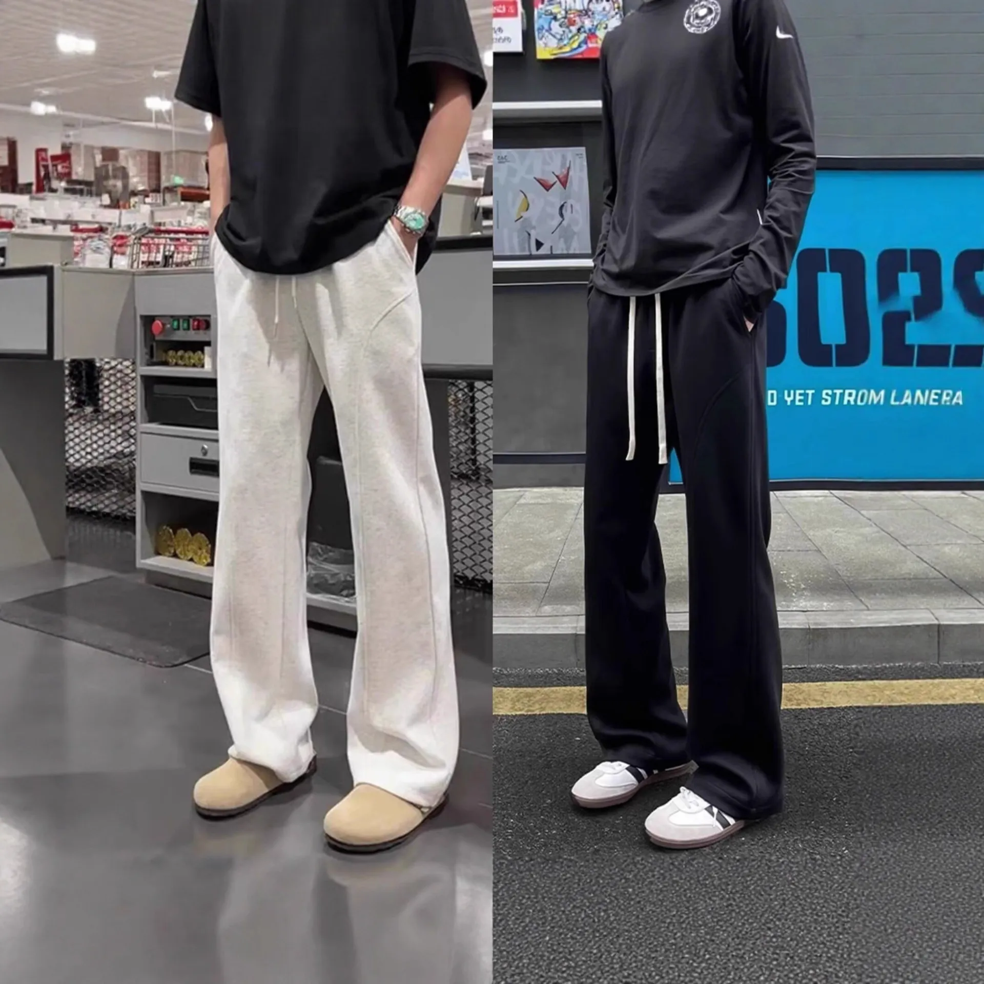 Men's White Floral Gray Sweatpants Straight Leg Fleece-Lined Drape Sports Pants American Style Slanted Casual Flared Trousers Autumn Winter thumbnail 1