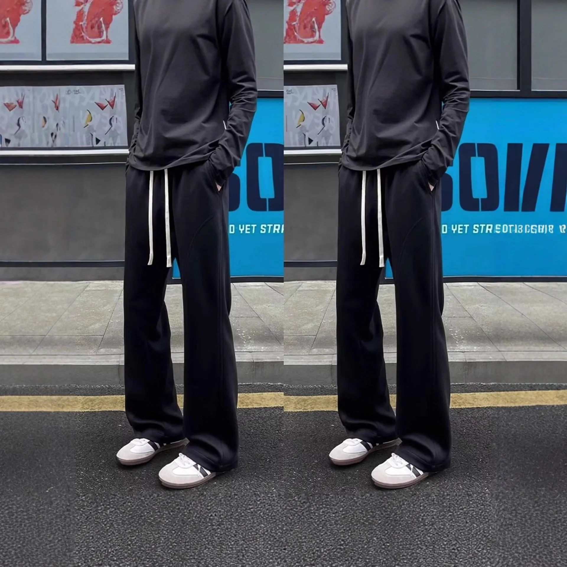 Men's White Floral Gray Sweatpants Straight Leg Fleece-Lined Drape Sports Pants American Style Slanted Casual Flared Trousers Autumn Winter thumbnail 4