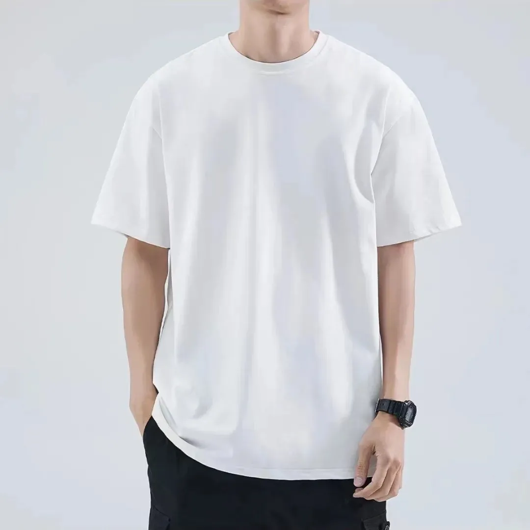 Men's Heavyweight Cotton T-Shirt - American Style 240g Short Sleeve Crew Neck Tee - Loose Fit Basic Solid Color Undershirt for Casual Wear thumbnail 2