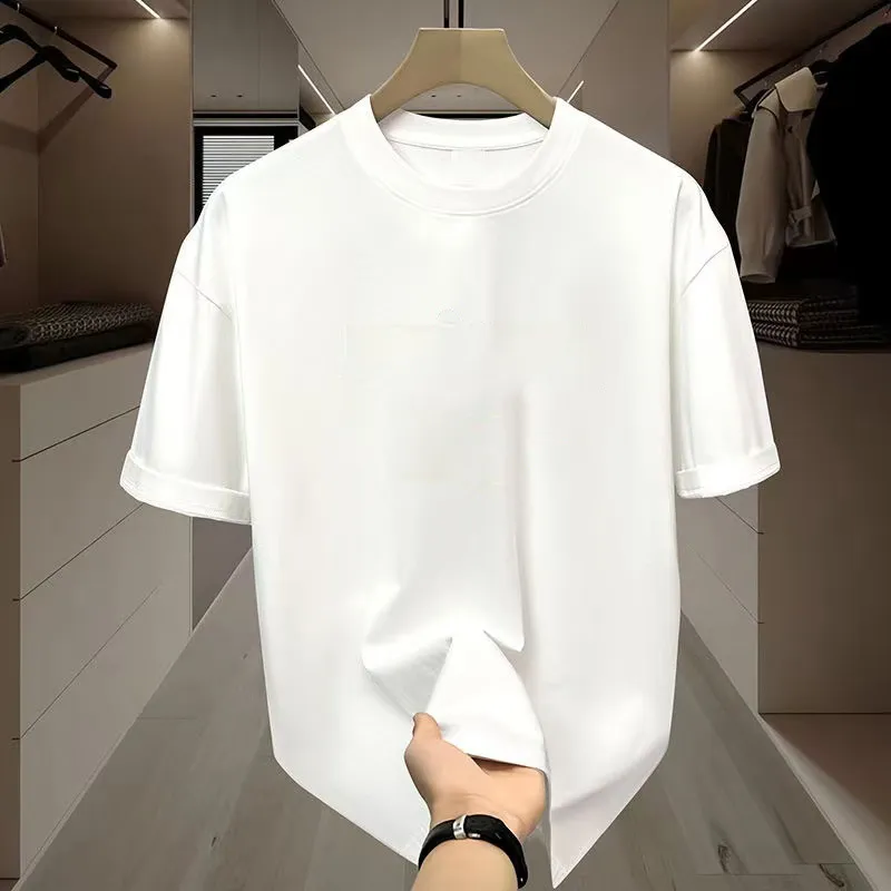 Men's Heavyweight Cotton T-Shirt - American Style 240g Short Sleeve Crew Neck Tee - Loose Fit Basic Solid Color Undershirt for Casual Wear thumbnail 4