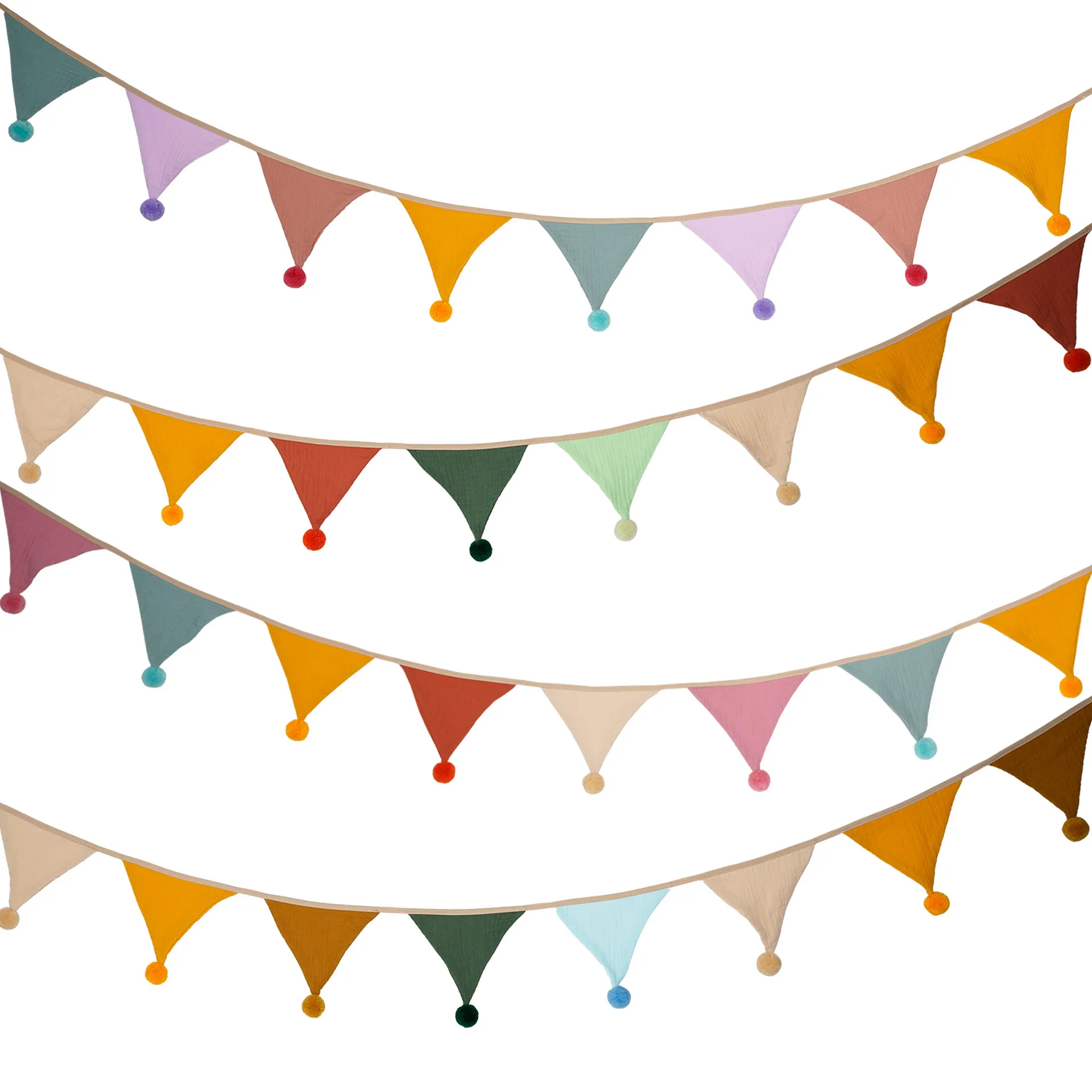 Kids Birthday Party Decorations Triangle Flag Banner with Fur Balls - Cotton Crepe Garland for Nursery, Home, Camping, and Celebrations