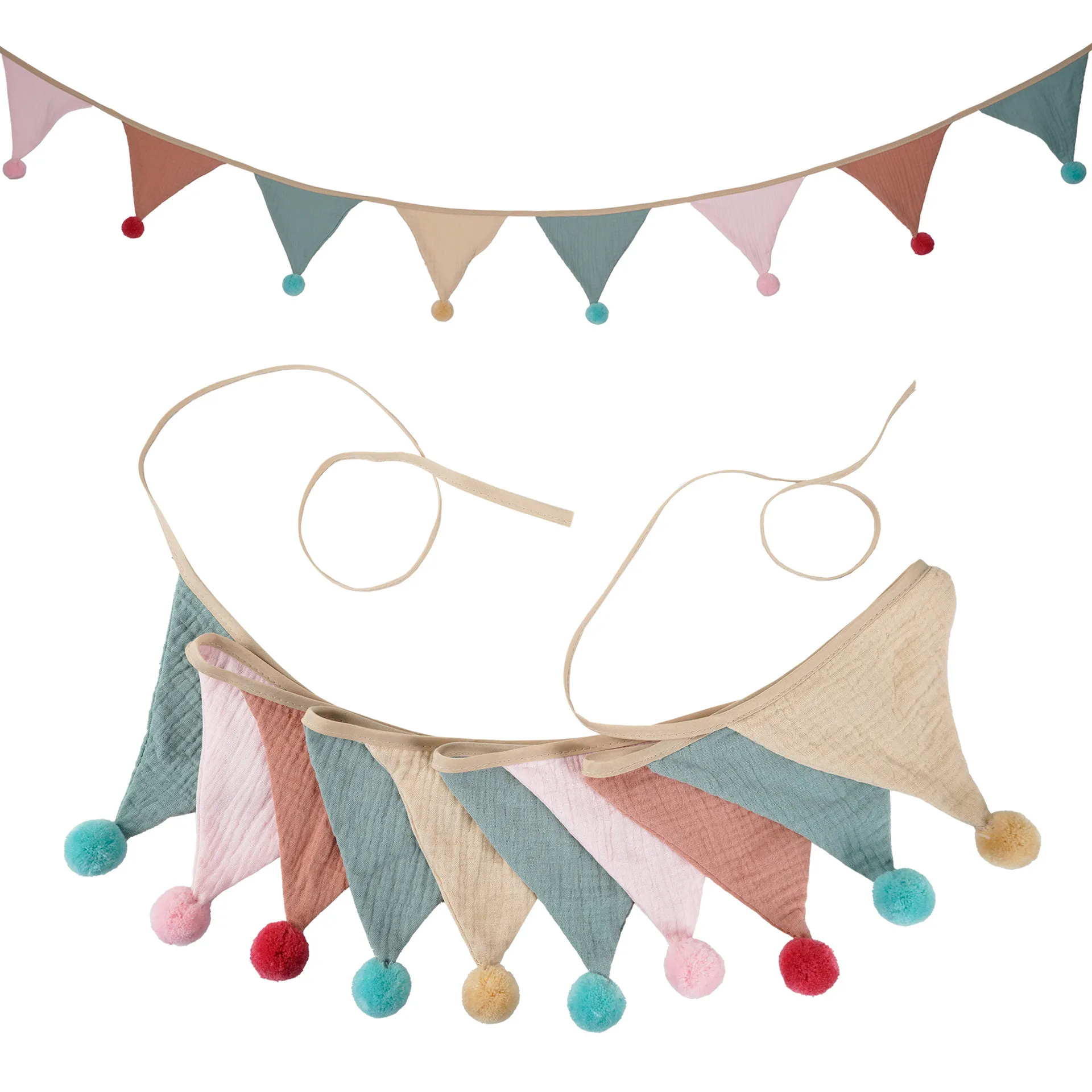 Kids Birthday Party Decorations Triangle Flag Banner with Fur Balls - Cotton Crepe Garland for Nursery, Home, Camping, and Celebrations thumbnail 5