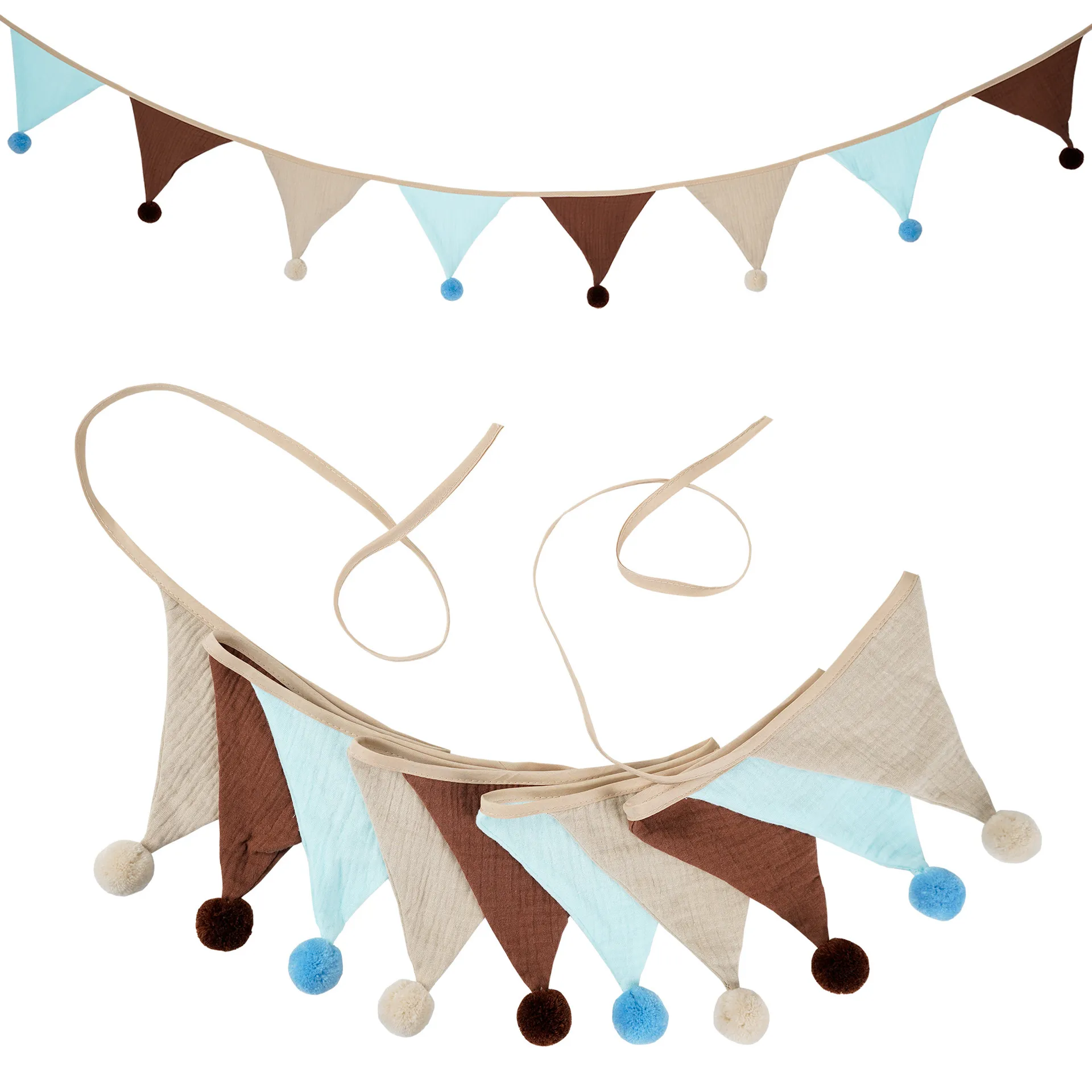 Kids Birthday Party Decorations Triangle Flag Banner with Fur Balls - Cotton Crepe Garland for Nursery, Home, Camping, and Celebrations thumbnail 7