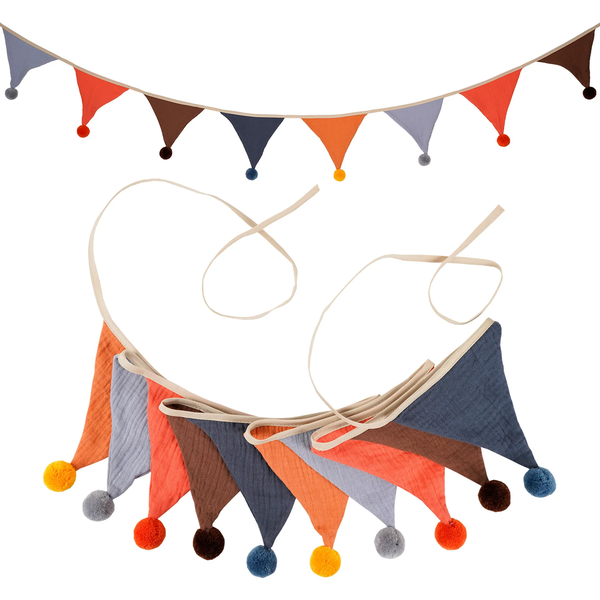 Kids Birthday Party Decorations Triangle Flag Banner with Fur Balls - Cotton Crepe Garland for Nursery, Home, Camping, and Celebrations thumbnail 10