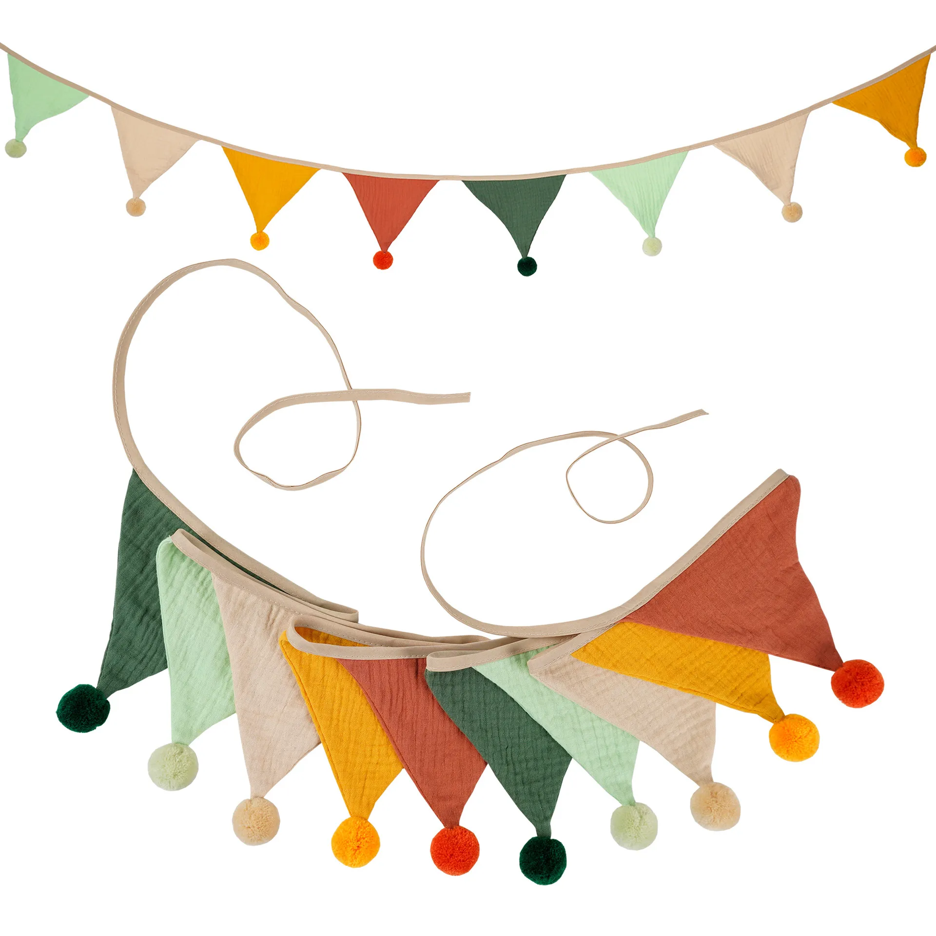 Kids Birthday Party Decorations Triangle Flag Banner with Fur Balls - Cotton Crepe Garland for Nursery, Home, Camping, and Celebrations thumbnail 2