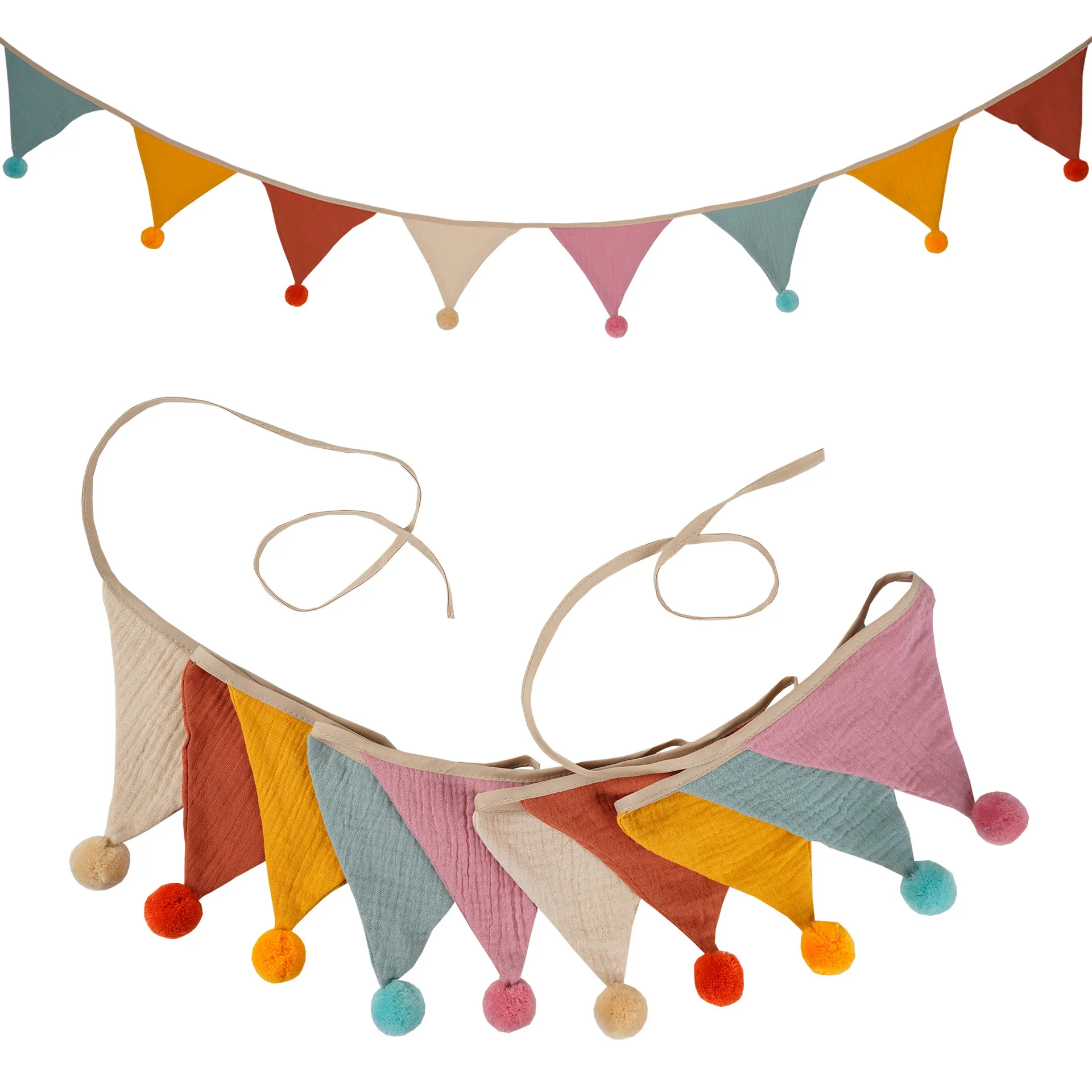 Kids Birthday Party Decorations Triangle Flag Banner with Fur Balls - Cotton Crepe Garland for Nursery, Home, Camping, and Celebrations thumbnail 3