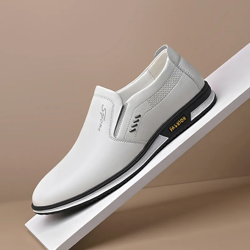 Men's White Leather Slip-On Shoes - British Style Casual Loafers for Spring & Autumn - Large Size Comfortable Dress Shoes thumbnail 1