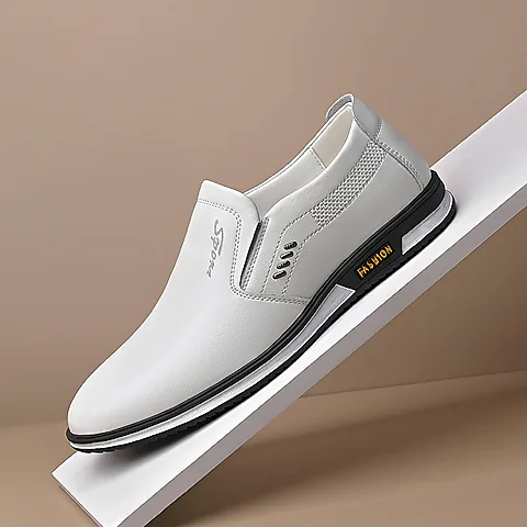 Men's White Leather Slip-On Shoes - British Style Casual Loafers for Spring & Autumn - Large Size Comfortable Dress Shoes