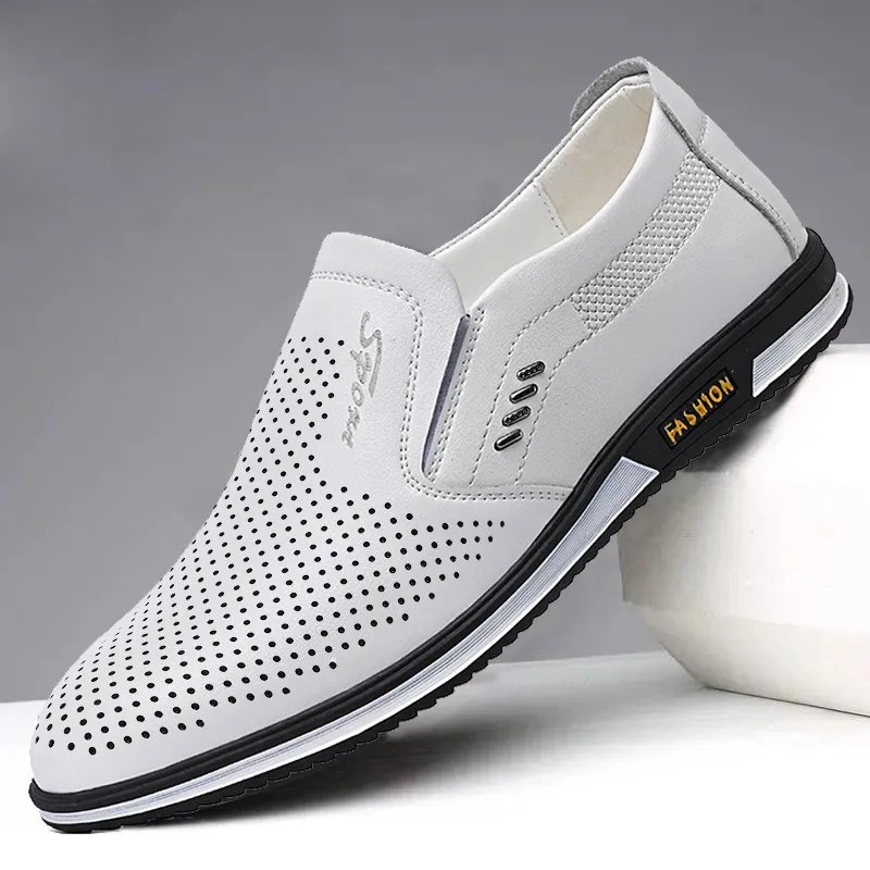 Men's White Leather Slip-On Shoes - British Style Casual Loafers for Spring & Autumn - Large Size Comfortable Dress Shoes thumbnail 3