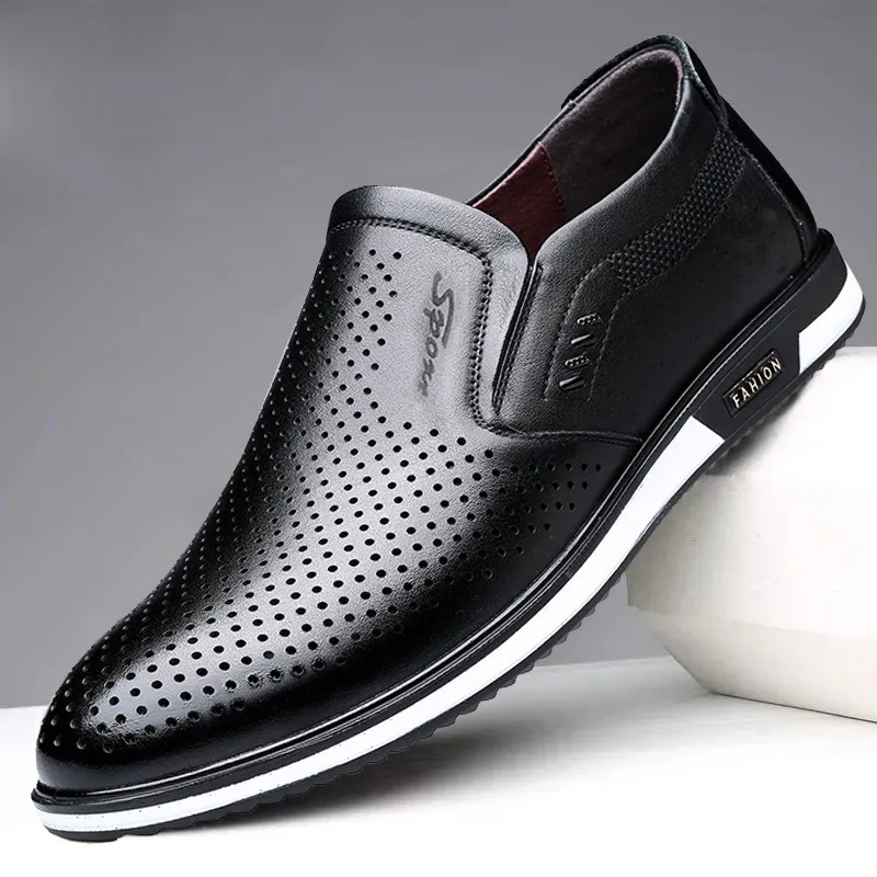 Men's White Leather Slip-On Shoes - British Style Casual Loafers for Spring & Autumn - Large Size Comfortable Dress Shoes thumbnail 4